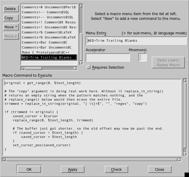 The Macro Commands dialog with the Trim Trailing Blanks command filled in