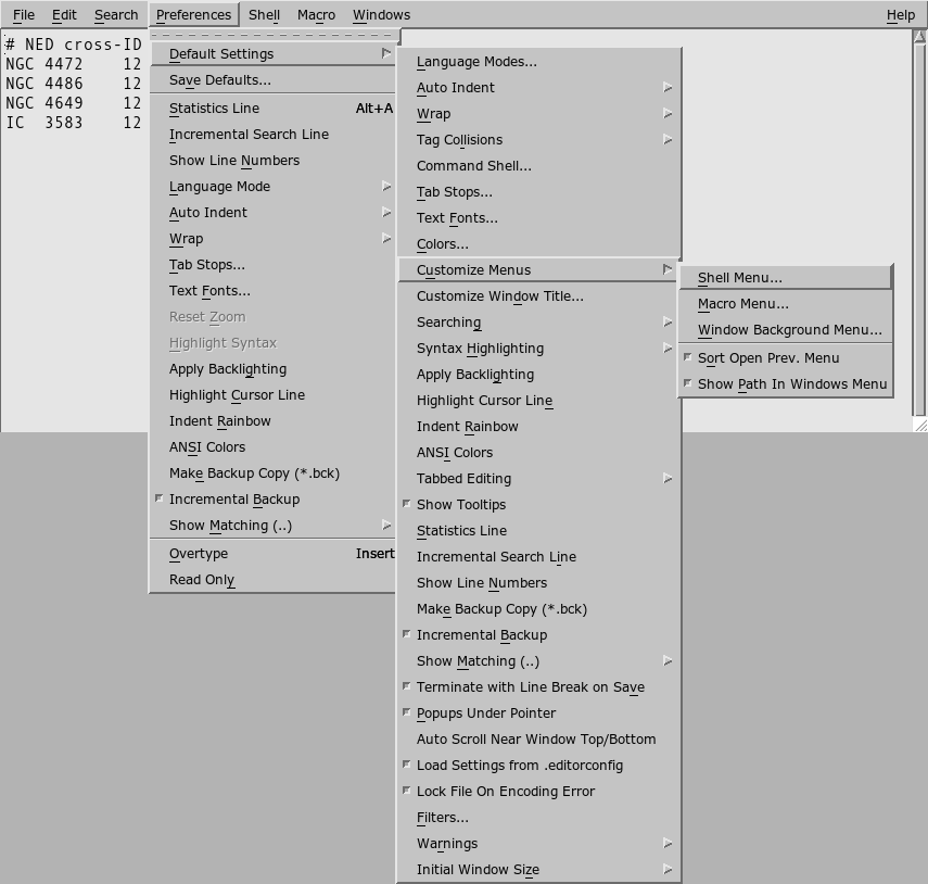 The Preferences menu, with Default Settings, Customize Menus, and Macro Menu opened in turn