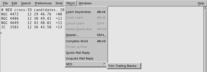 The Macro menu, showing Trim Trailing Blanks in the NED submenu