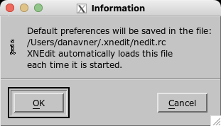 The Save Defaults confirmation, naming ~/.xnedit/nedit.rc